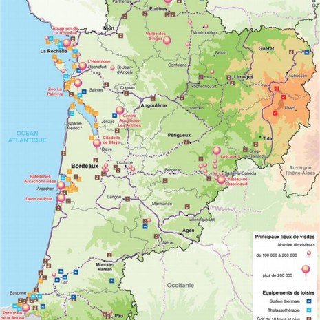 Atlas régional 2016 - Principaux lieux de visite et équipements de loisirs© Région Nouvelle-Aquitaine