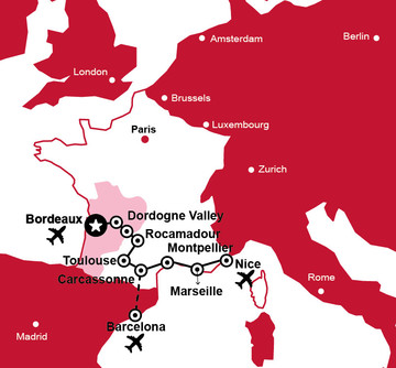 Carte itinéraire "Des vignobles bordelais à la côte d'Azur"