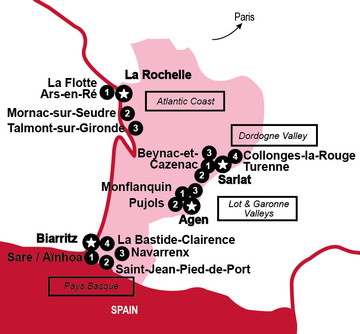 carte itinéraire "Plus beaux villages de france" en Nouvelle-Aquitaine